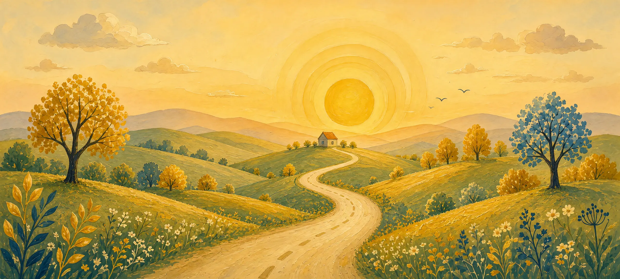 A painted sunrise over gold-lit hills, with a winding road leading to a small house