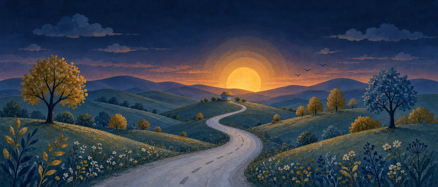 The same painted hills at dusk, under a deep blue evening sky